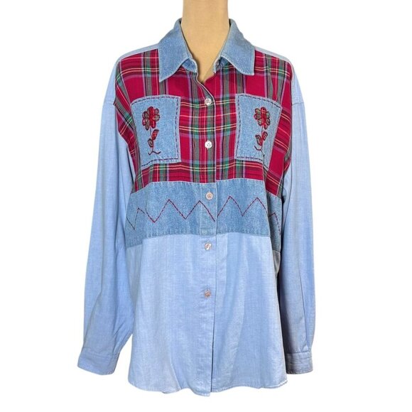 VTG 90s The Limited Collection Patchwork Shirt Sz.L Blue Red Oversized Cottage - Picture 1 of 8
